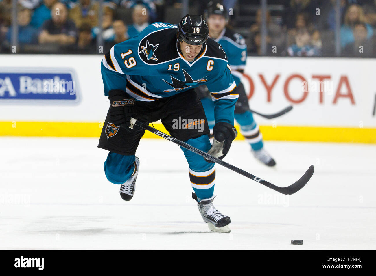 Dec 3, 2011; San Jose, Ca, USA; San Jose Sharks center Joe Thornton (19) Skates mit dem Puck gegen die Florida Panthers in der ersten Periode bei HP Pavilion. Stockfoto