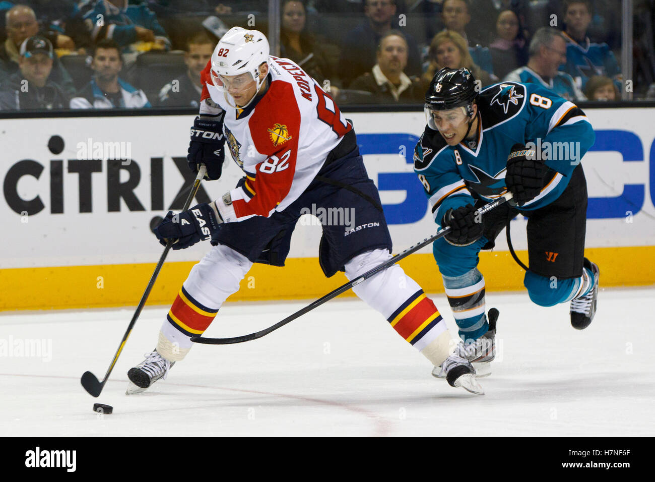 3. Dezember 2011; San Jose, CA, USA; Florida Panthers center Tomas Kopecky (82) Schlittschuhe mit dem Puck vorbei San Jose Sharks Center Joe Pavelski (8) während der zweiten Periode im HP Pavilion. Stockfoto