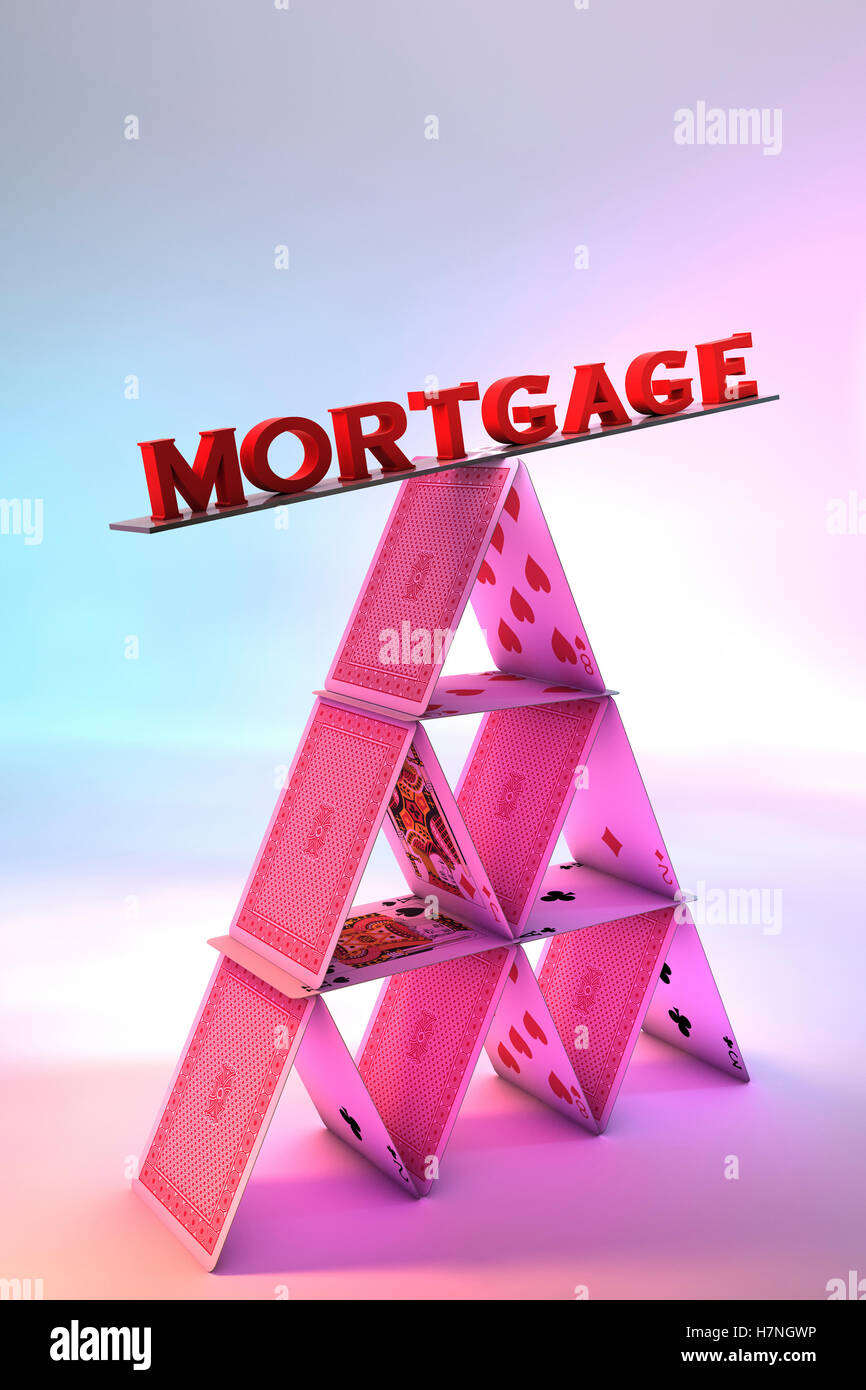 Hypothek, balancieren auf einem Kartenhaus Stockfoto