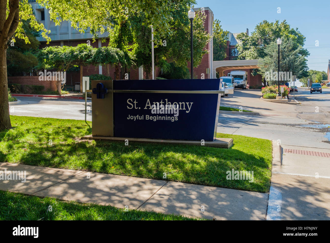 Ein Zeichen für St. Antonius Krankenhaus freudige Anfänge, eine Geburt-Center in Oklahoma City, Oklahoma, USA. Stockfoto