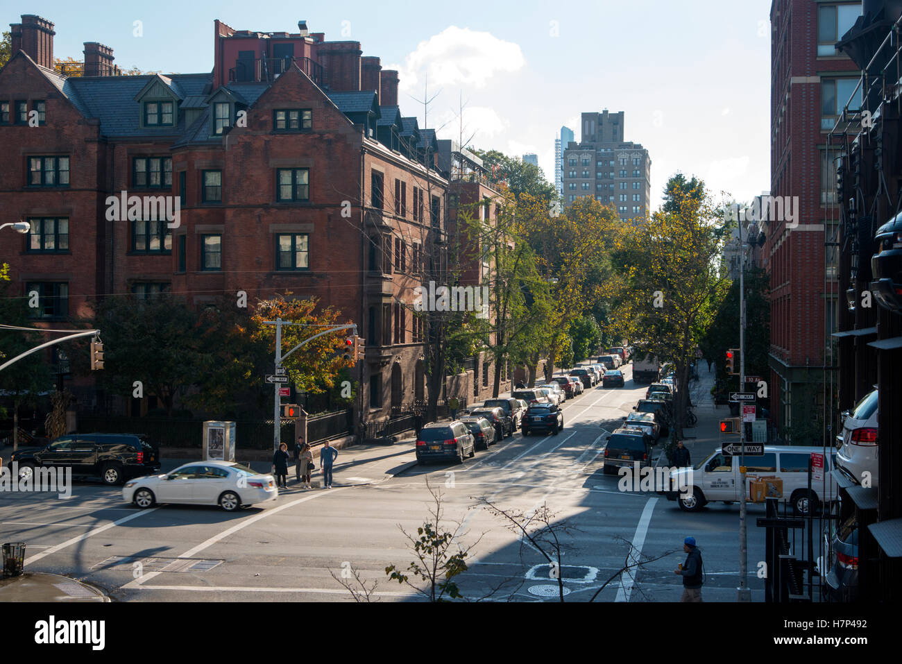 New York Straßen in Chelsea Village auf der Westseite von Manhattan vom Highline Park aus gesehen Stockfoto