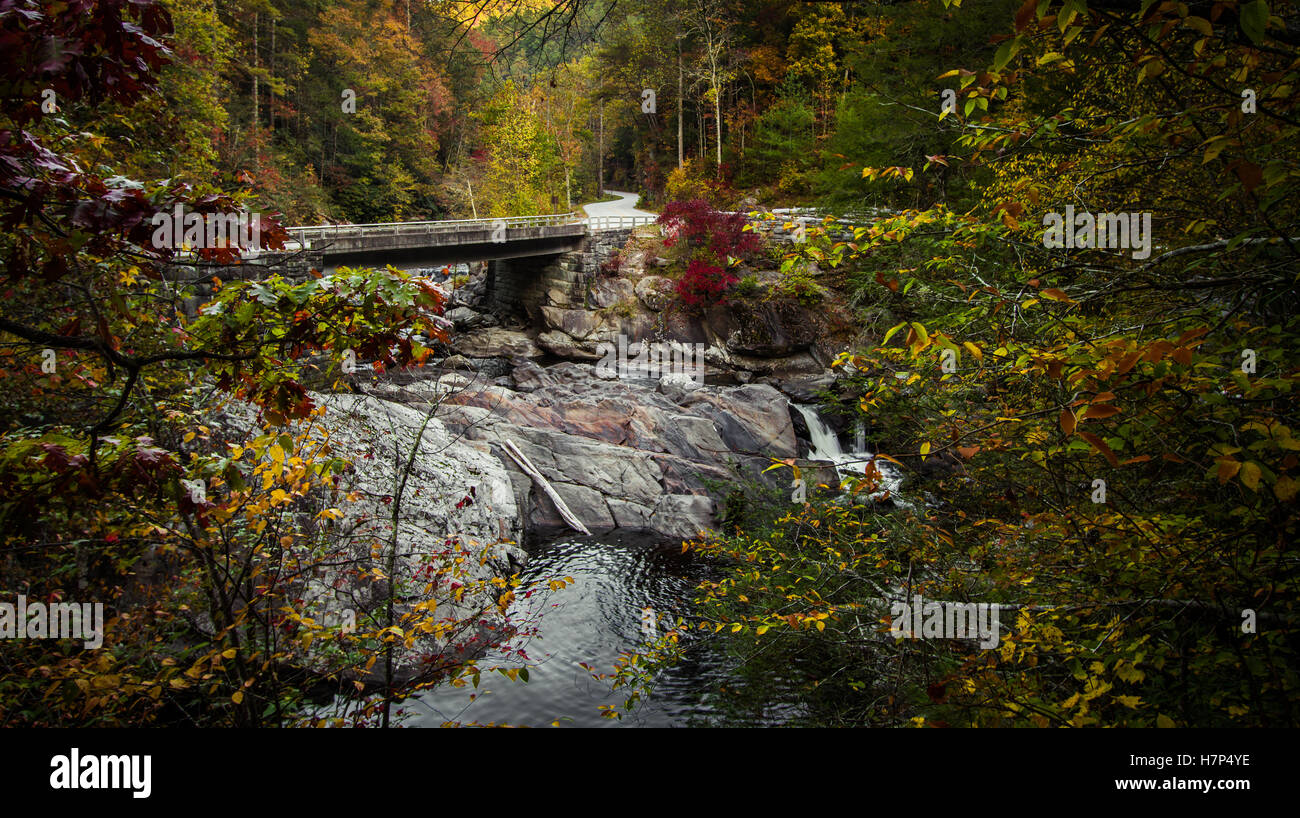 Great Smoky mountains Autoreise. Brücke über den Straßenrand Waschbecken Wasserfall an der Little River Road in die Great Smoky mountains Nati Stockfoto