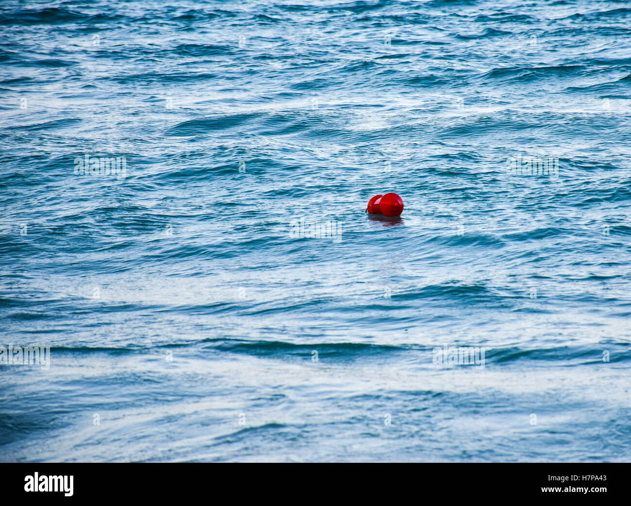 Einzelne rote Boje schwimmt auf den blauen Wellen Stockfoto