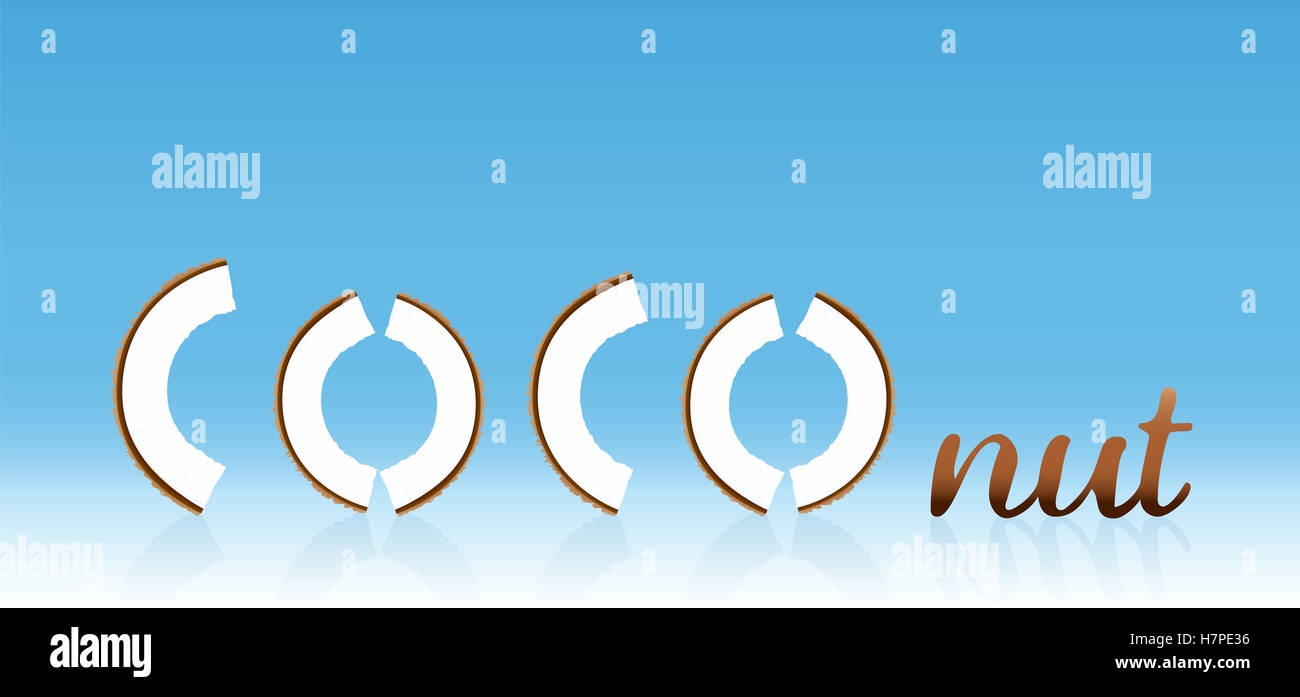 Kokos - Design und Wort Mark - mit Kokos Stücke geschrieben. Stockfoto