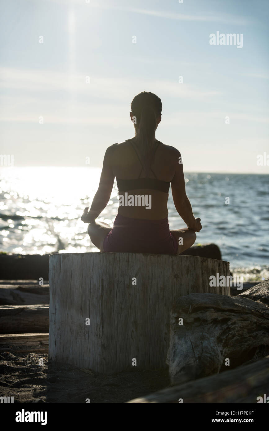 Rückansicht der Frau, die Durchführung von Yoga auf Treibholz Stockfoto