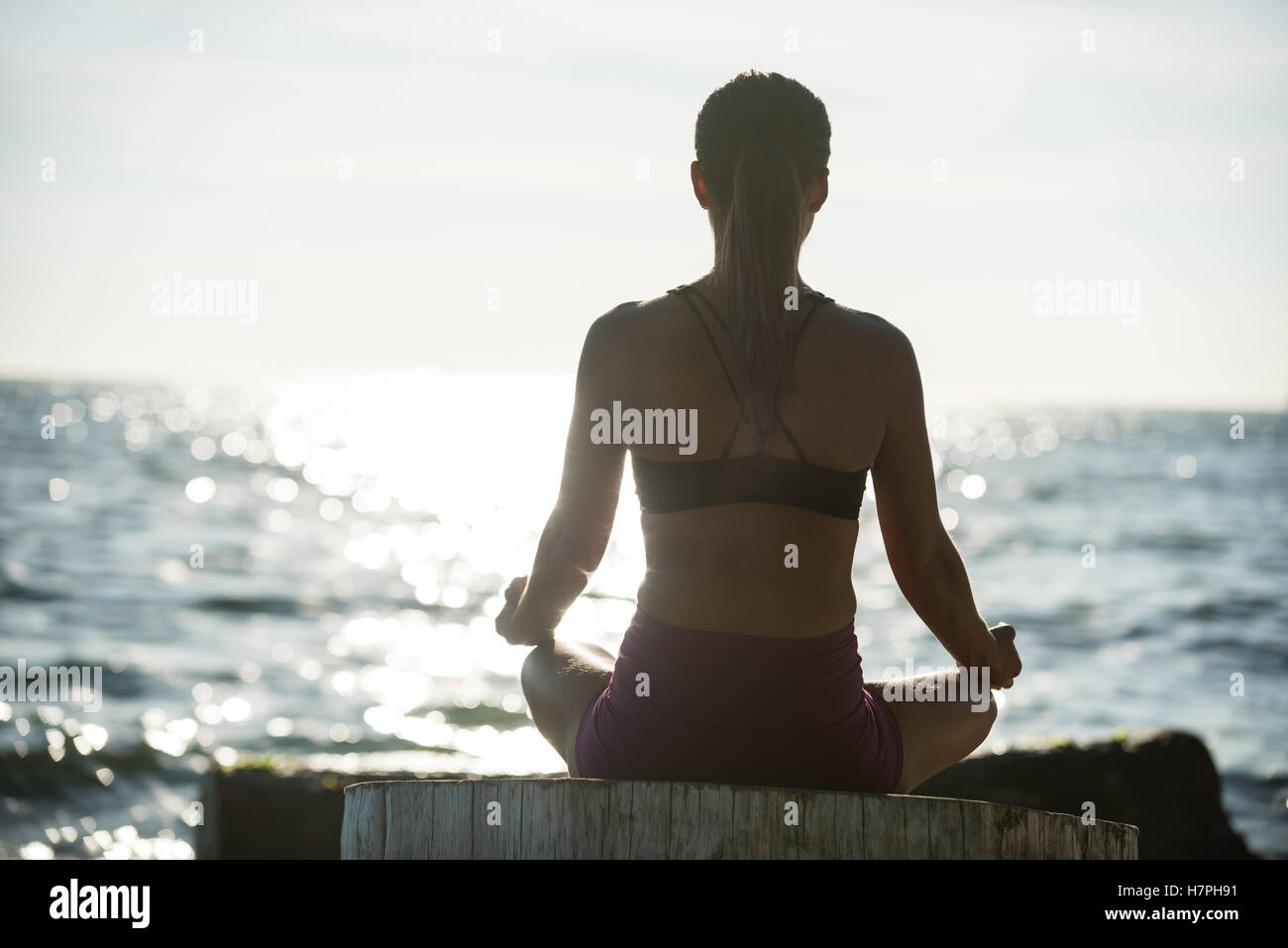 Rückansicht der Frau, die Durchführung von Yoga auf Treibholz Stockfoto