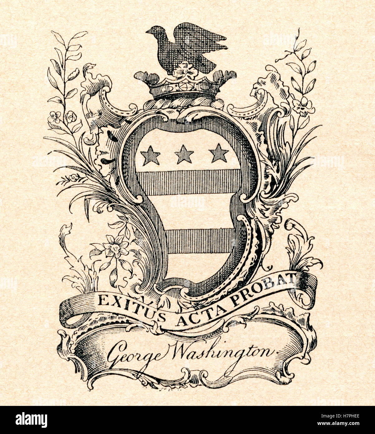 Ein Exlibris aka Ex Libris Stempel aus der Bibliothek von George Washington, Präsident der Vereinigten Staaten von Amerika. Ein ex Libris Stempel gibt Besitz. Stockfoto