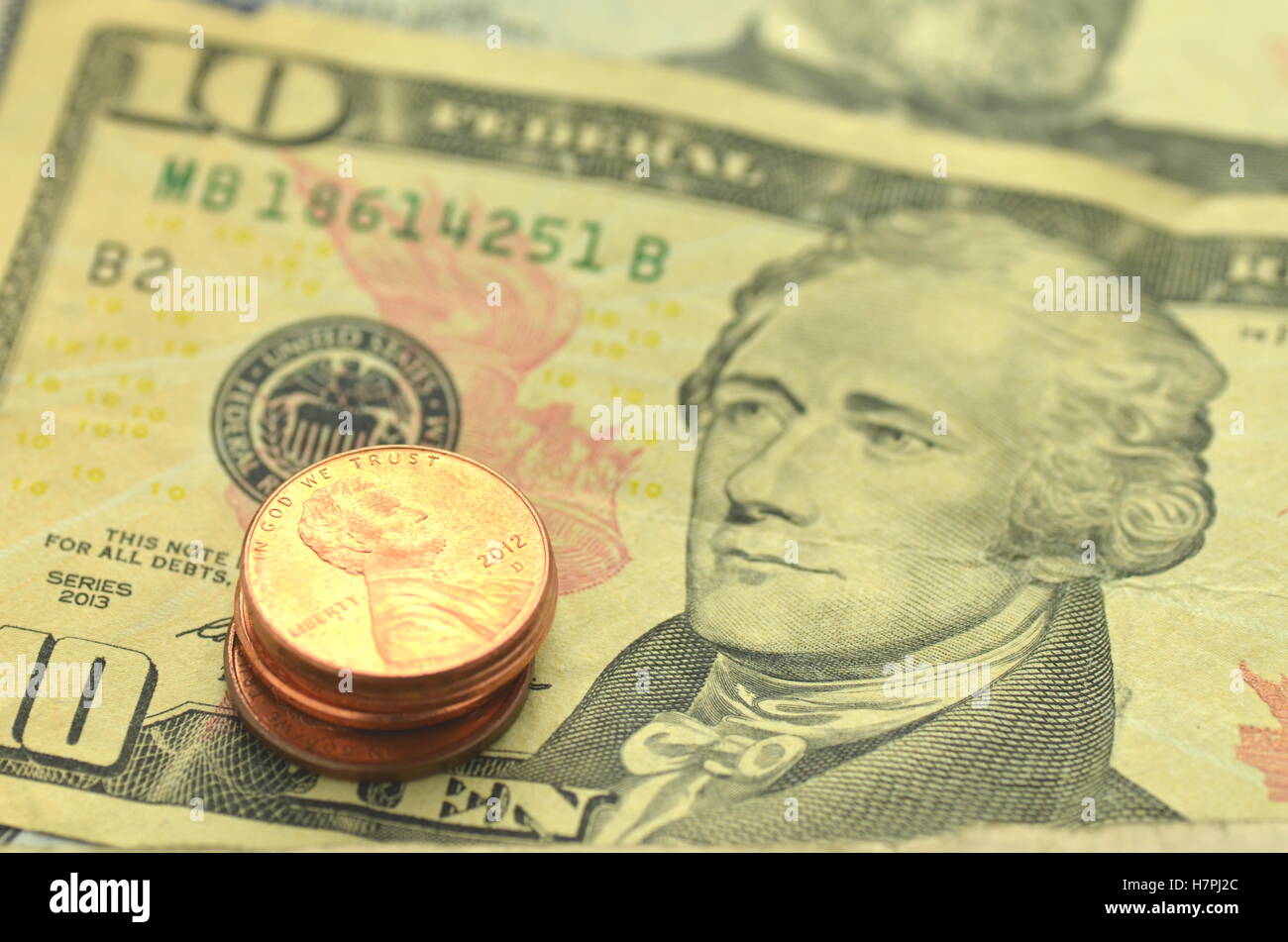 Nahaufnahme der amerikanischen Banknoten und Münzen Stockfoto