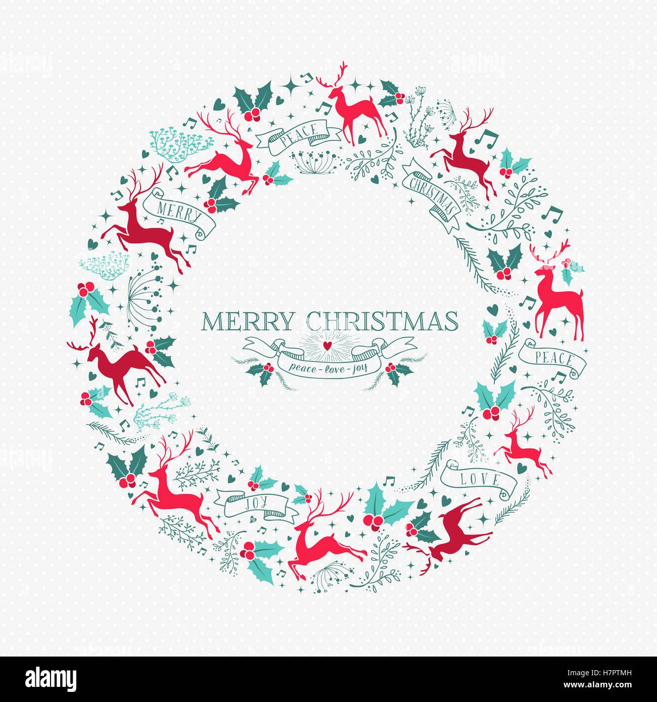 Frohe Weihnachten Kranz Abbildung mit Vintage Rentier Dekoration und Urlaub Ornament Symbole in festlichen Farben. EPS10 Vektor. Stock Vektor