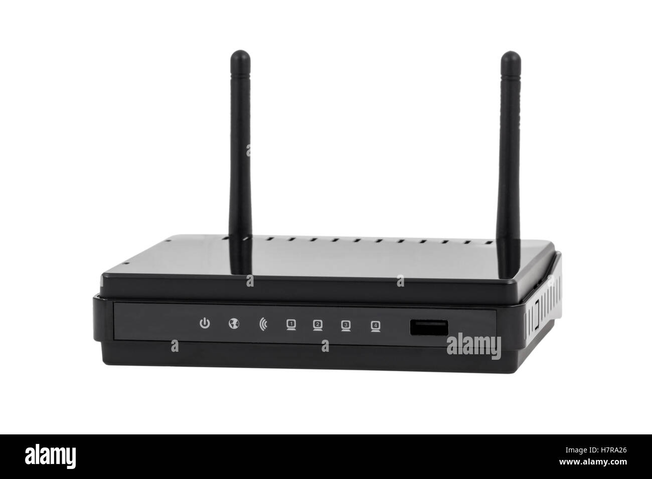 Elektronische Sammlung - schwarz drahtlose Internet Netzwerk WLAN-Router isoliert auf weißem Hintergrund Stockfoto