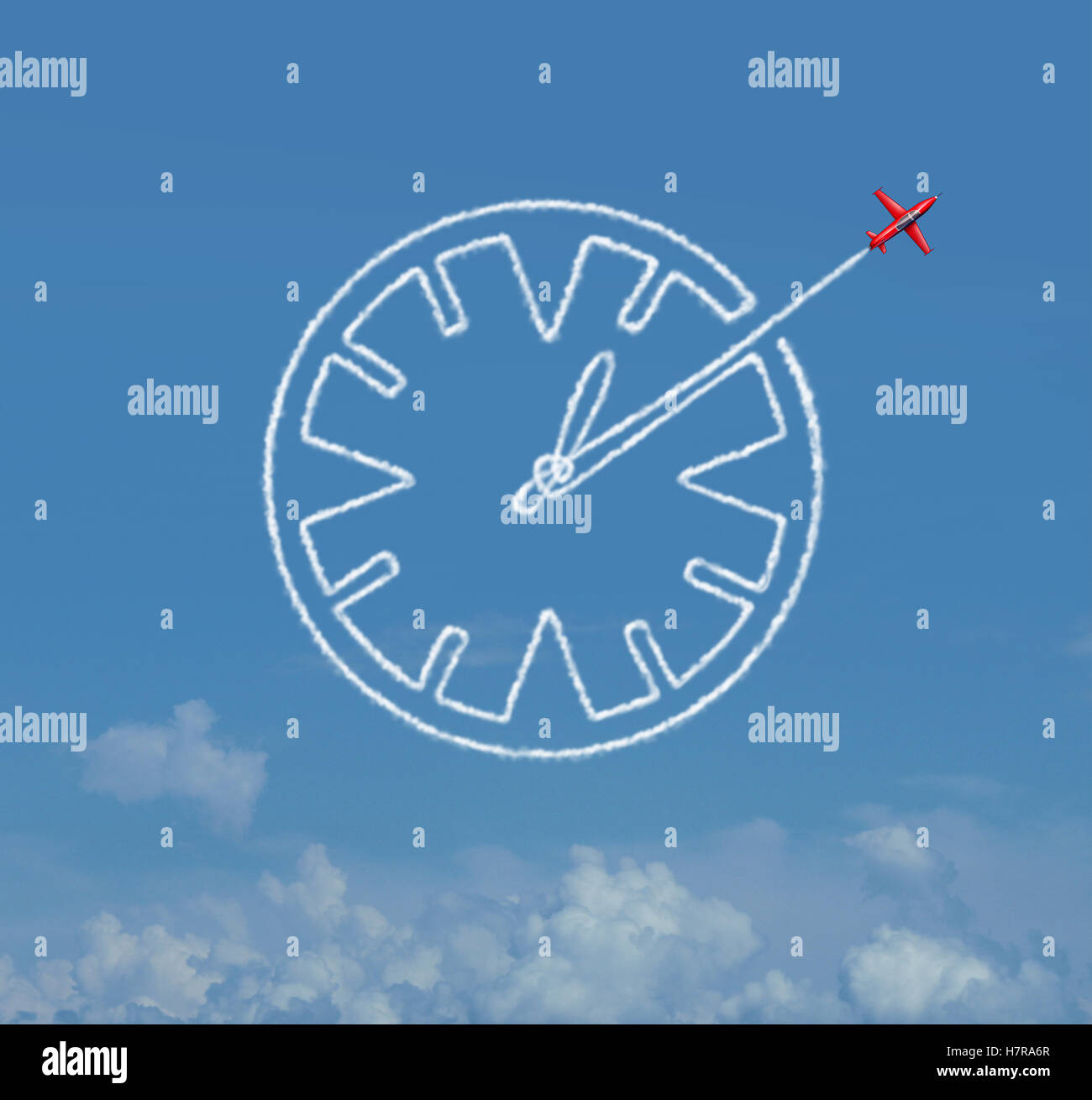Fertigkeit Geschäft Zeitplan Zeitmanagement als ein Jet-Flugzeug, die Schaffung einer Luft zeigen Rauchfahne geformt wie eine Uhr als Zeitplan und Datum Planung Symbol mit 3D Abbildung Elemente. Stockfoto