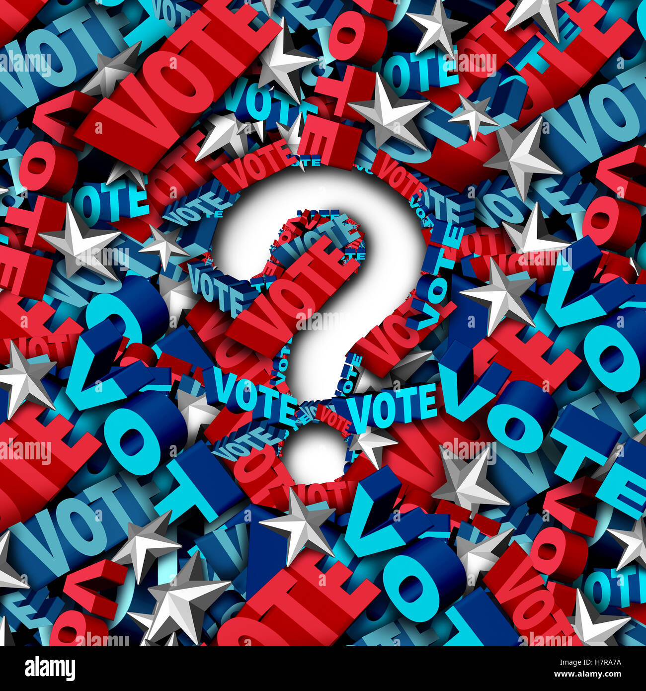 Abstimmung Wahl Frage als Symbol für eine Kampagne der amerikanischen Regierung zu entscheiden, die Wahl in ein Anwärter für Präsidenten oder Senator oder Kongress als ein Stimmzettel Entscheidung Symbol als eine 3D Darstellung. Stockfoto