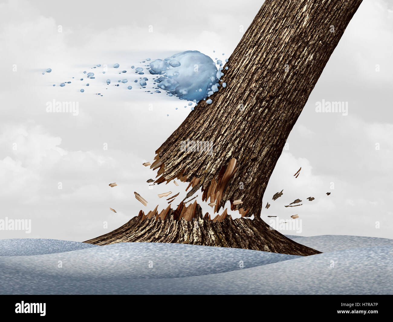 Winter Aufregung Konzept als eine Beschleunigung fliegenden Schneeball Kollision mit einen Baum und bricht den Stamm als eine lustige Saison Schnee Aktivitätssymbol mit 3D Abbildung Elemente. Stockfoto