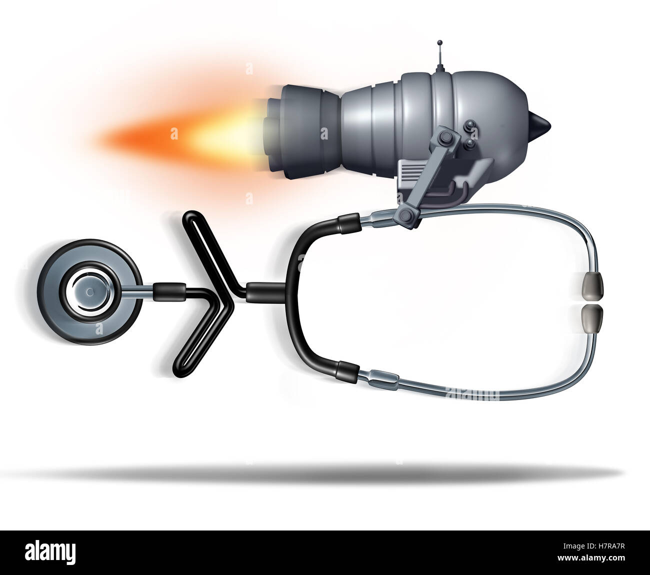 Schnelle medizinische Service-Konzept als ein Düsentriebwerk zügig ein Arzt Stethoskop als Gesundheitswesen Symbol für dringende Krankenhausbehandlung oder schneller klinische Dienstleistungen als eine 3D Darstellung. Stockfoto