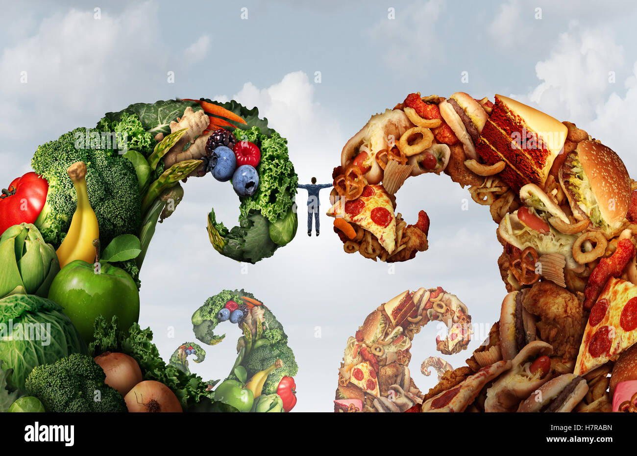 Zwischen Ernährung Lebensmittel und Ernährung Wahl Kampf als eine Person, zwei Wellen von Obst und Gemüse und Junk-Food in eine 3D Darstellung Stil als Symbol für Essen und Diäten Herausforderungen. Stockfoto