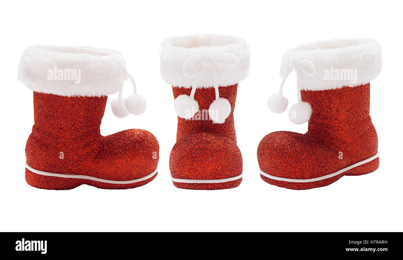 Satz von leeren roten Stiefel von Santa Claus isoliert Stockfoto
