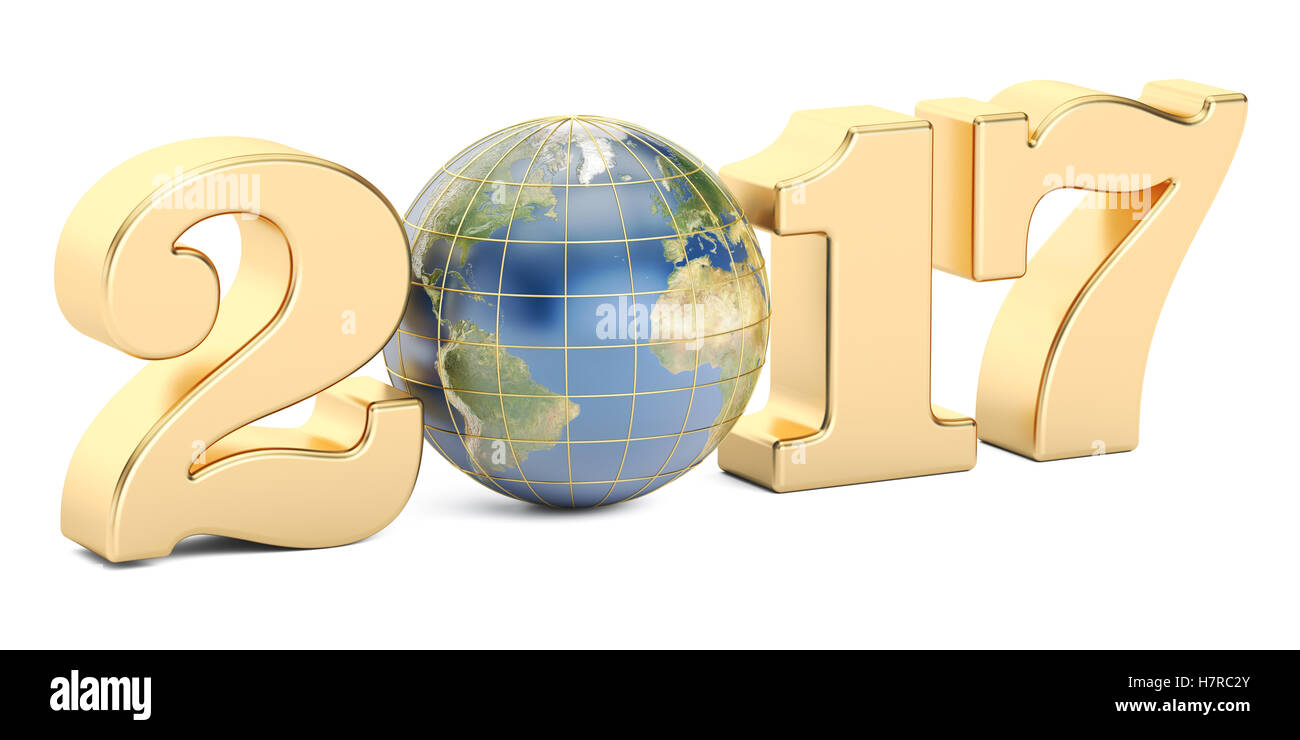 Glückliches neues Jahr 2017 mit Erde Konzept, 3D rendering Stockfoto