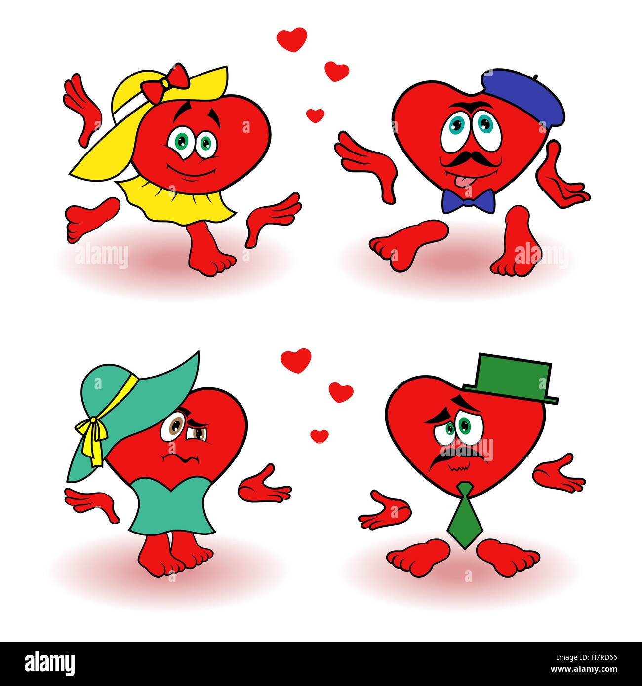 Lustige Szenen mit paar liebende rote Herzen, Valentinstag Cartoon-Vektor-Illustrationen isoliert auf weißem Hintergrund Stock Vektor
