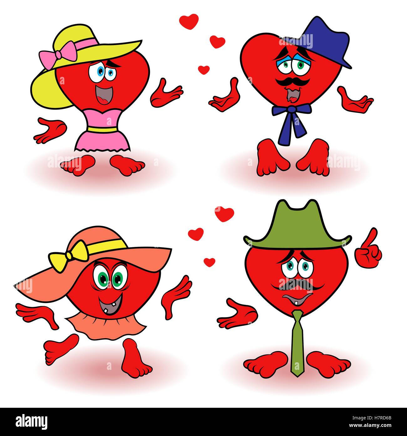 Amüsant, zwei paar rote Herzen zu lieben, Valentine Cartoon Vektor-Illustrationen isoliert auf weißem Hintergrund Stock Vektor
