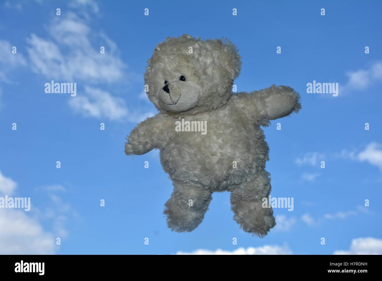 Teddybär fliegt in die Luft mit blauer Himmel mit Wolken Stockfoto