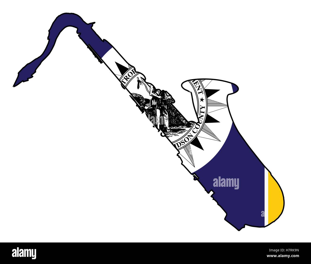 Wappen der Stadt Nashville USA gesetzt unter ein Saxophon-Gliederung-silhouette Stock Vektor