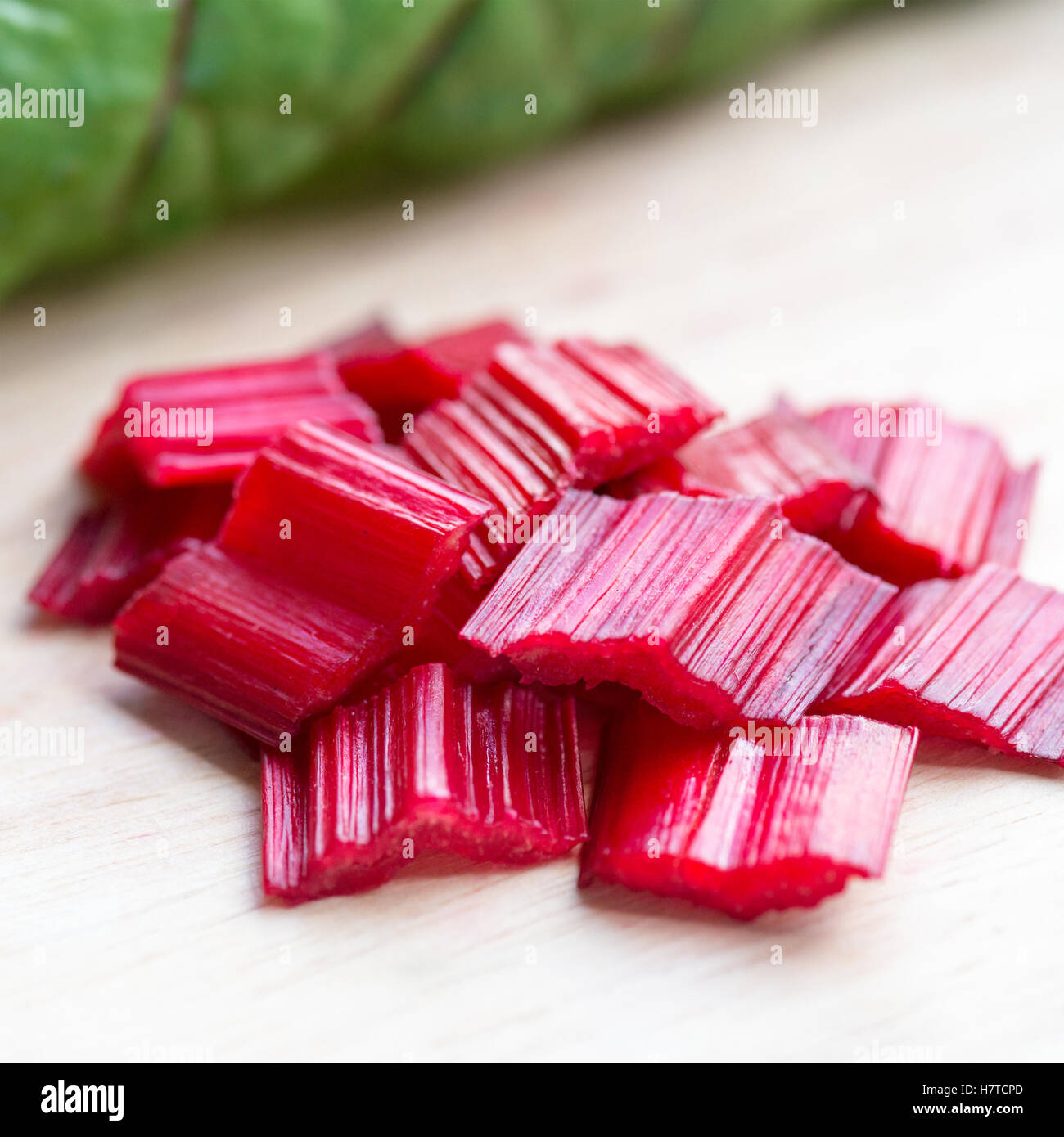 Quadratische Format der roten gehackten Mangold Fokussierung auf Thema, Platz für text Stockfoto