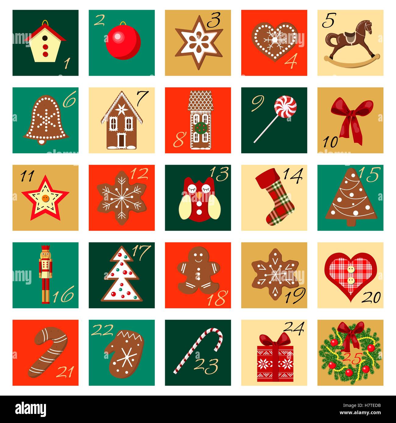 Adventskalender von Hand gezeichnet Vektor großen quadratischen set Stock Vektor