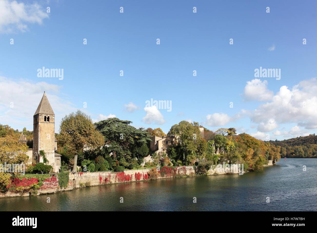 Blick auf Ile Barbe und Saone Fluss in Lyon, Frankreich Stockfoto