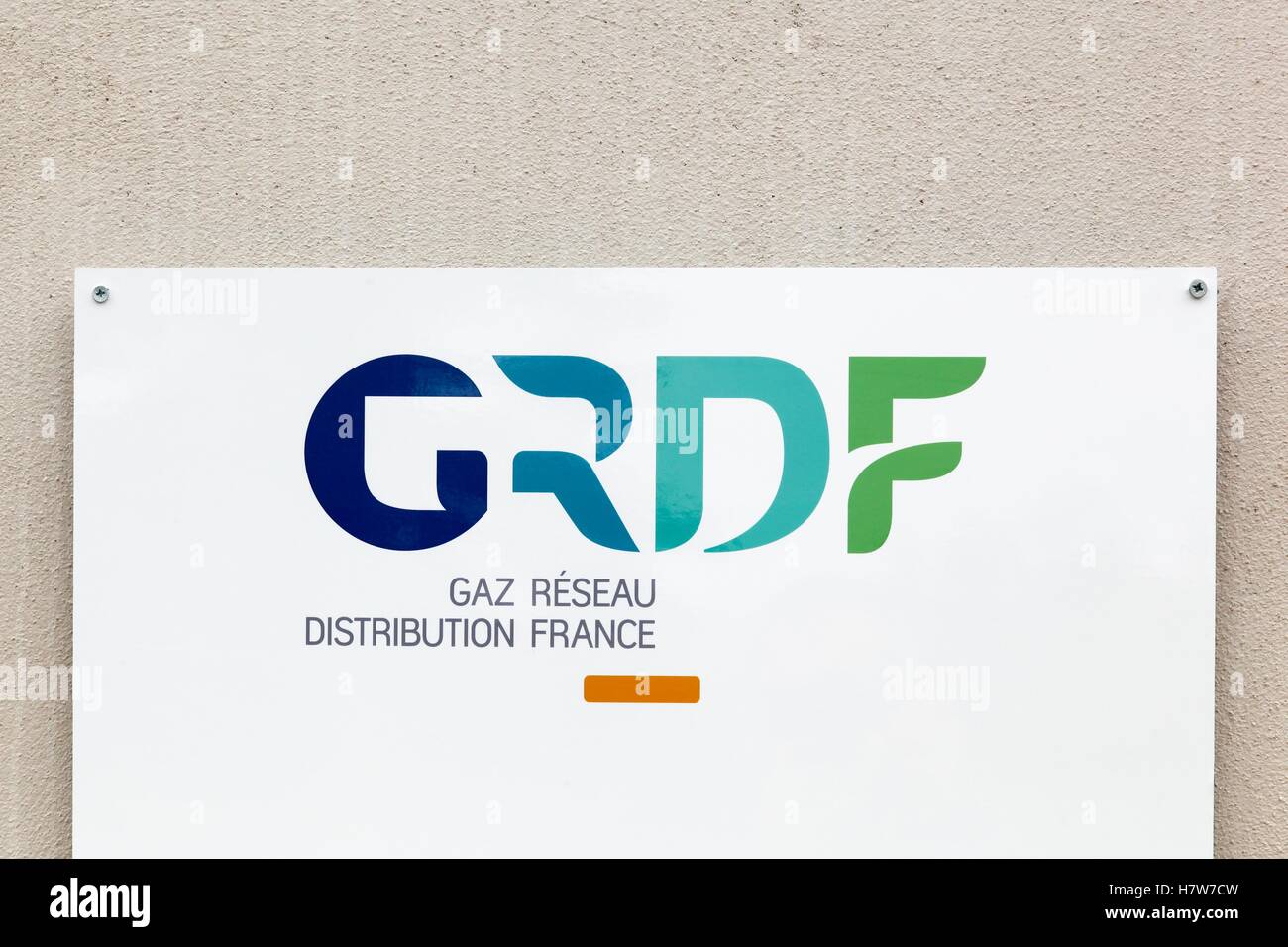 GRDF Logo an der Wand Stockfoto
