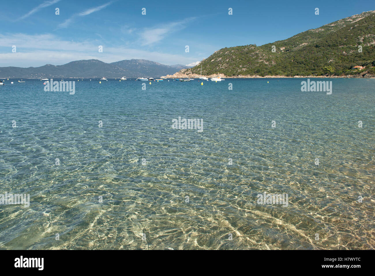 Die Bucht von Belvédère-Campomoro mit sandigen und felsigen Portigliolo Strand, Angeln, Boote und Genuese Turm, Korsika, Frankreich Stockfoto