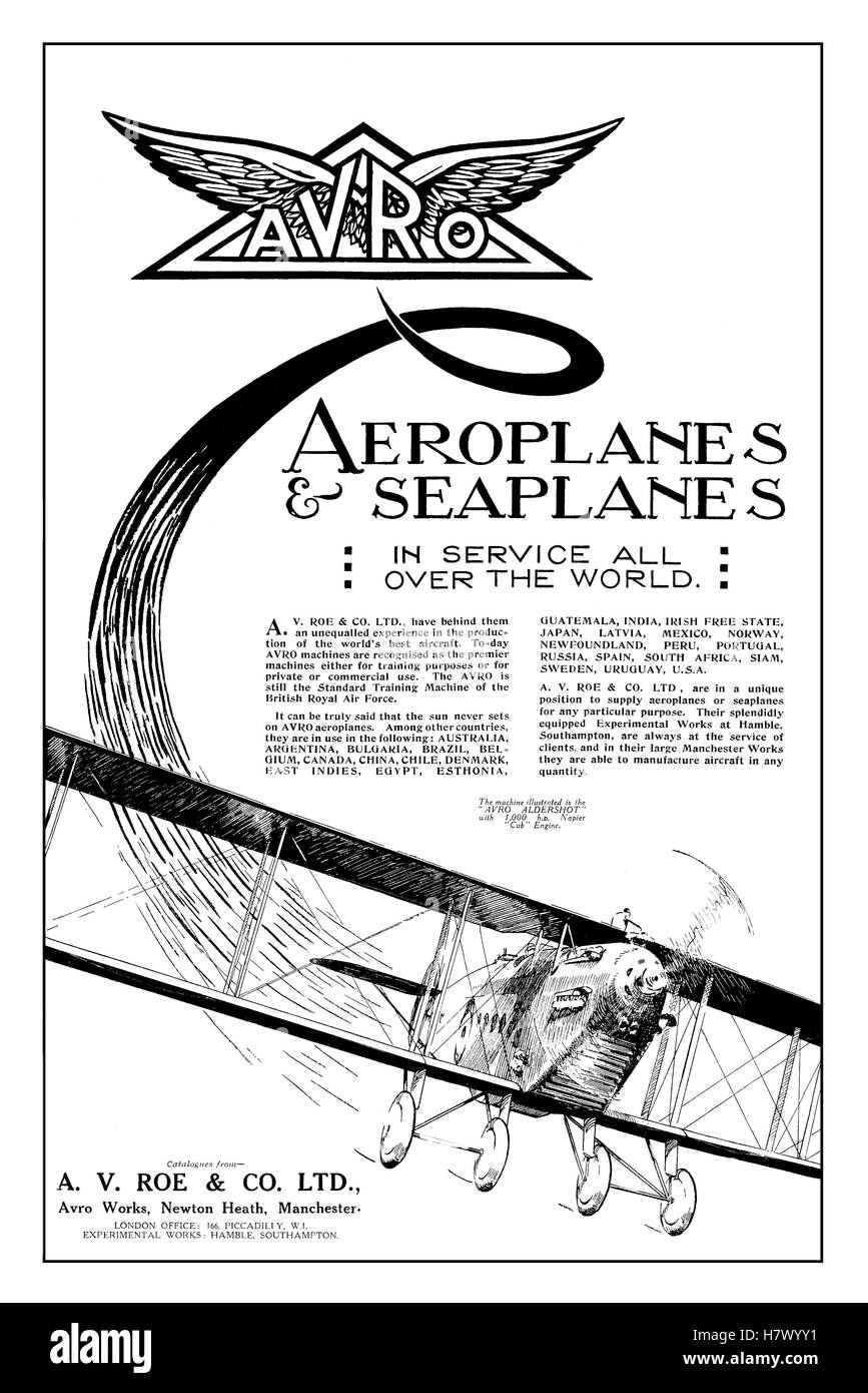 1925 britische Werbung für A. V. Roe & Co. Ltd. (Avro) Stockfoto