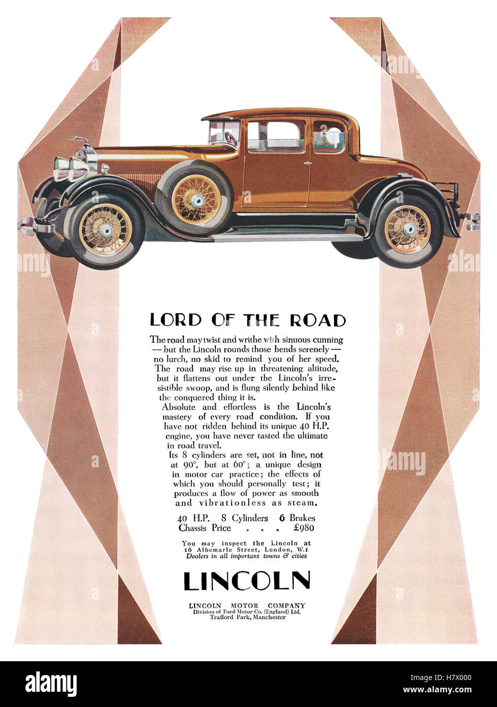 1928 britischen Werbung für den Ford Lincoln Motor Auto. Stockfoto