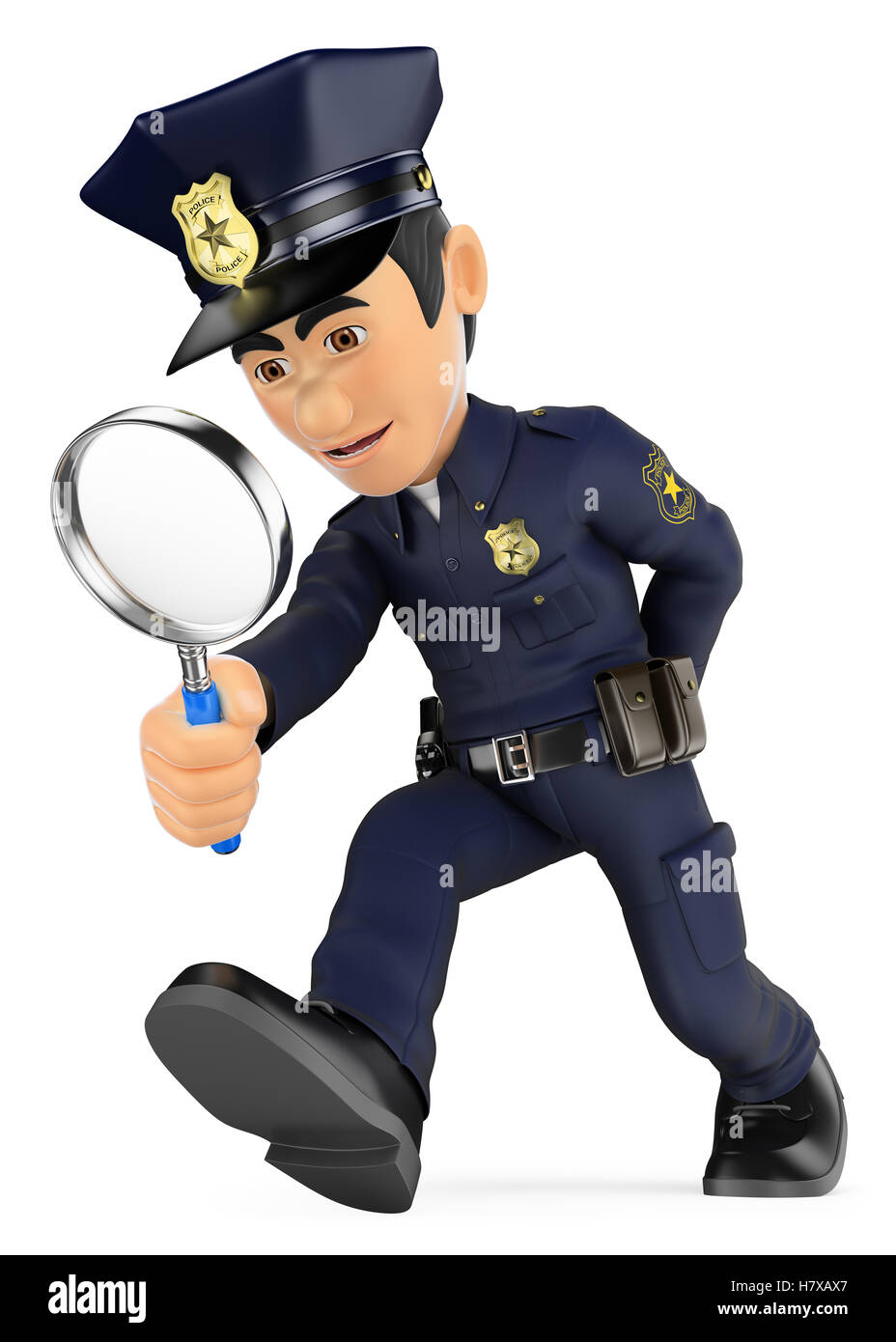 3D Sicherheitskräfte Menschen Abbildung. Polizist mit der Lupe suchen. Untersuchung. CSI. Isolierten weißen Hintergrund Stockfoto