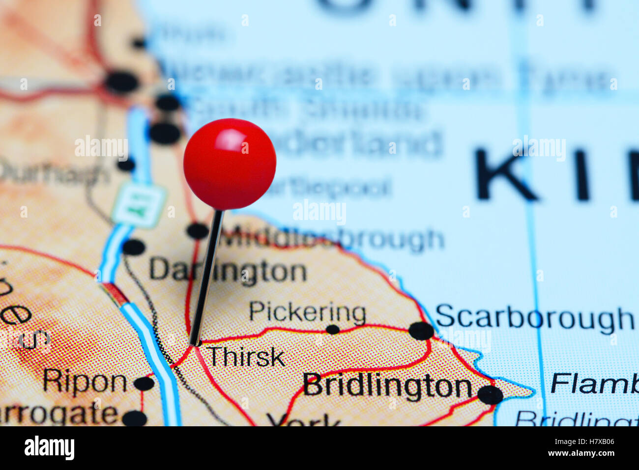 Thirsk, fixiert auf einer Karte von UK Stockfoto