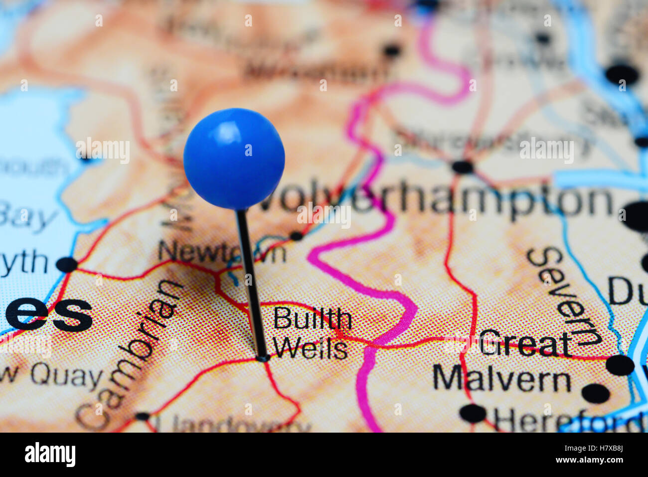 Builth Wells fixiert auf einer Karte von Wales Stockfoto