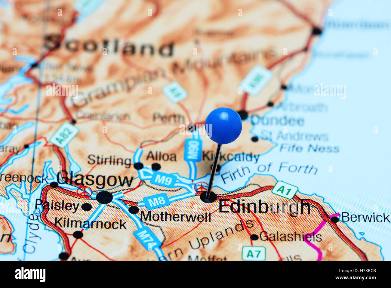 Edinburgh fixiert auf einer Karte von Schottland Stockfoto