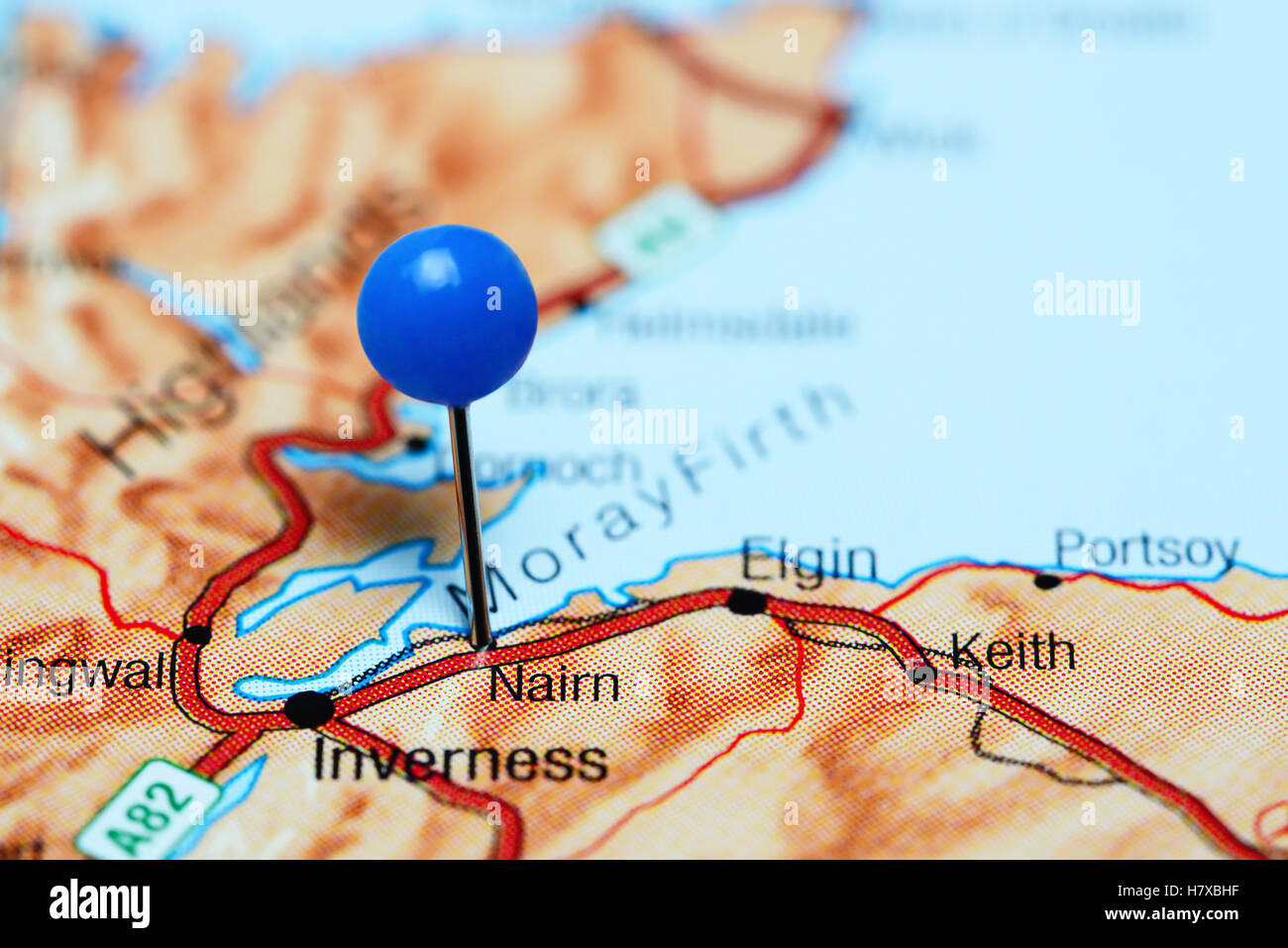 Nairn, fixiert auf einer Karte von Schottland Stockfoto