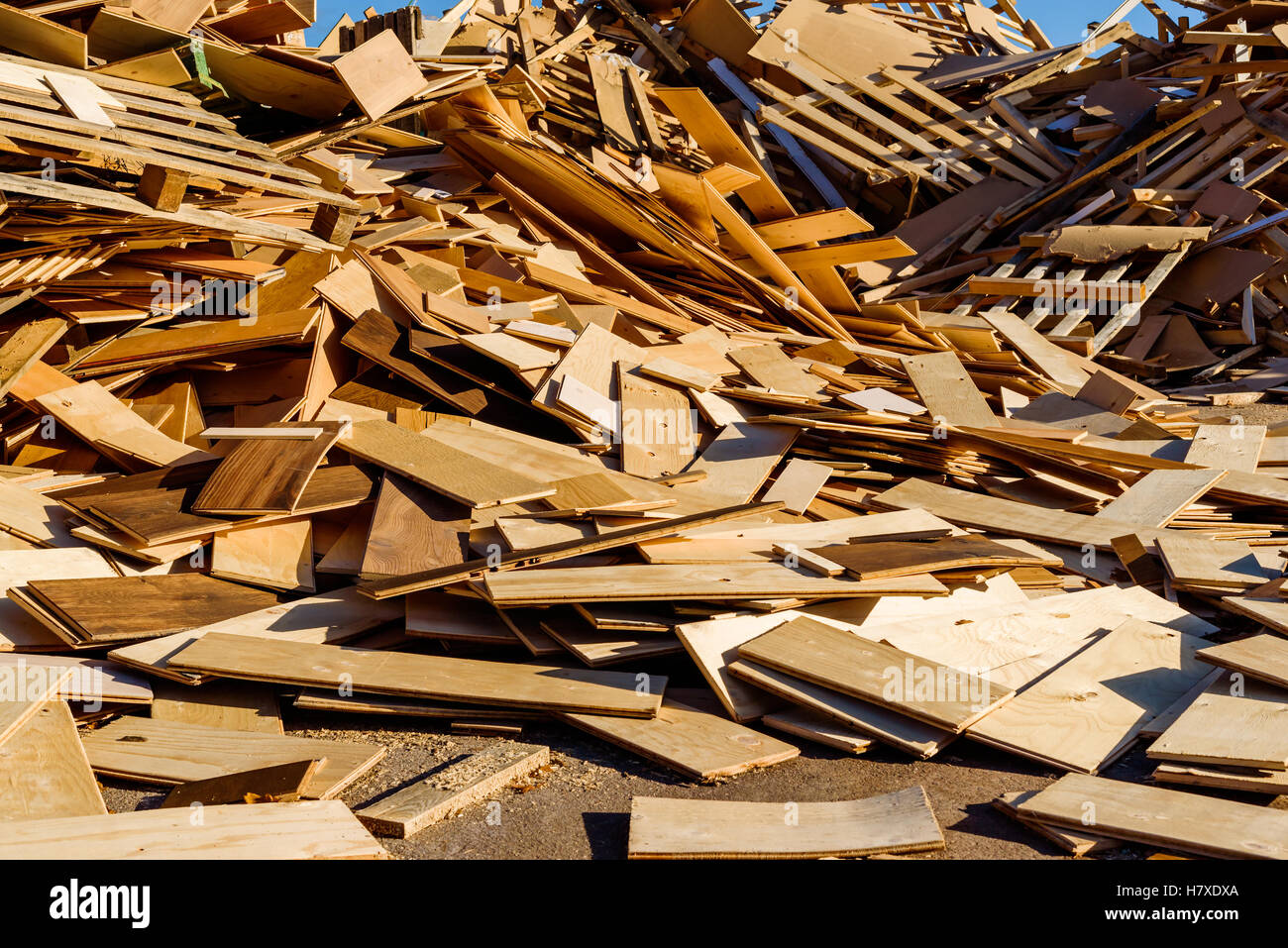 Hölzerne Trümmerhaufen im Industriegebiet. Das Holz wird später zerkleinert, um als Brennstoff verwendet werden. Stockfoto