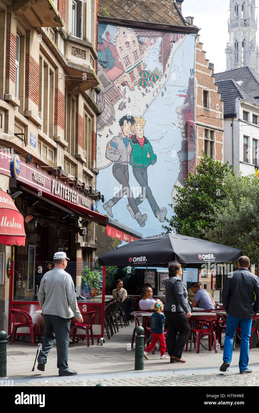 Brüssel, Belgien, Comic-Kunst an einem Gebäude in der Straße Plattesteen, Stockfoto