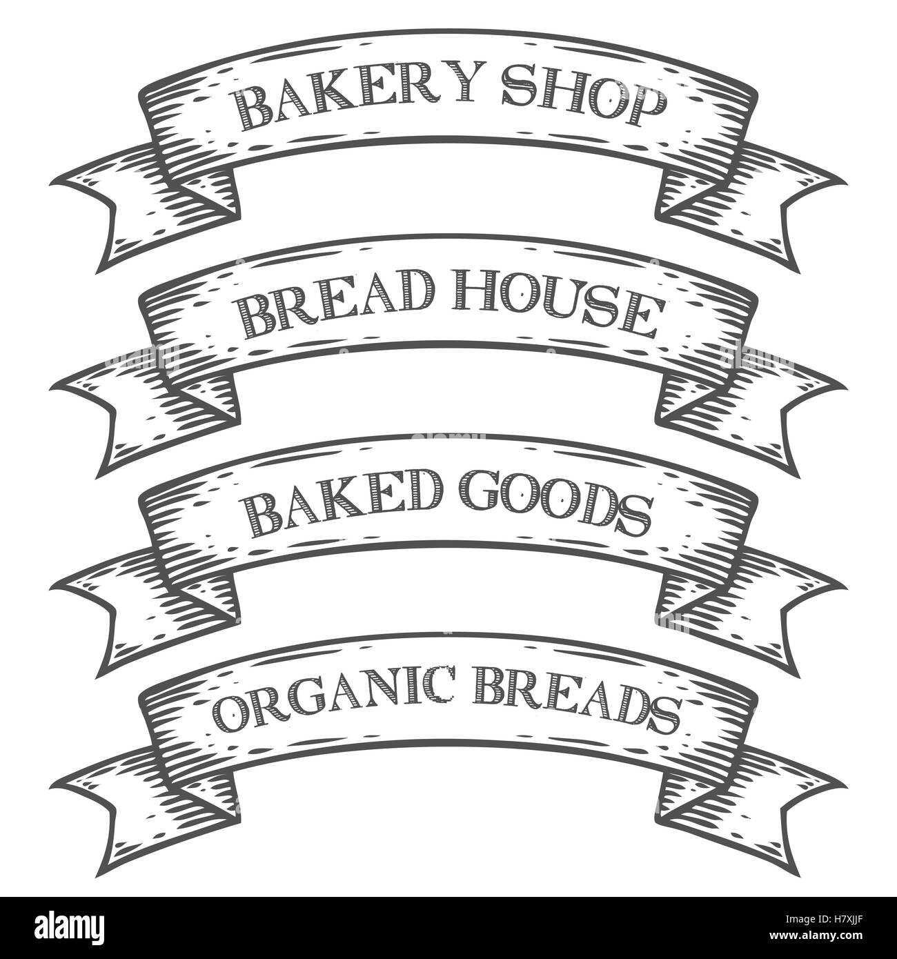 Bäcker backen Shop Markt Emblem Band. Monochrome mittelalterlichen Set Vintage Gravur Zeichen isoliert auf weißem Hintergrund. Skizze vecto Stock Vektor