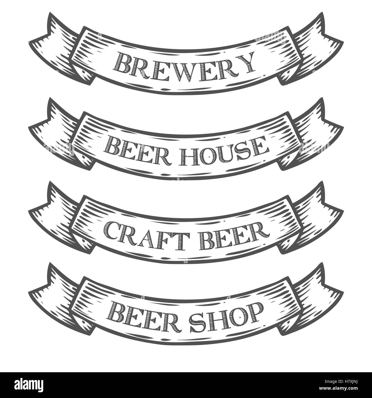 Craft Bier Brauerei Shop Markt Emblem Band. Monochrome mittelalterlichen Set Vintage Gravur Zeichen isoliert auf weißem Hintergrund. Sketc Stock Vektor
