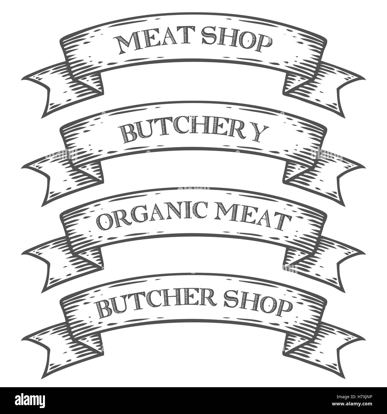 Fleisch-Shop Markt Metzgerei Emblem Band. Monochrome mittelalterlichen Set Vintage Gravur Zeichen isoliert auf weißem Hintergrund. Skizze vec Stock Vektor