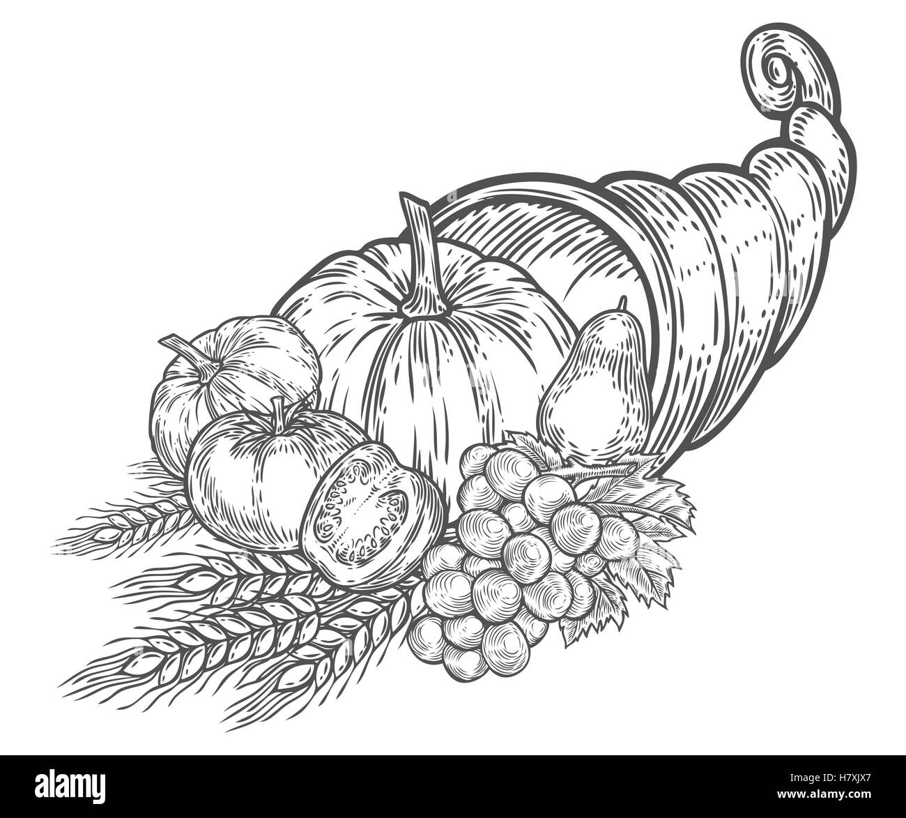 Erntedankfest im Herbst Füllhorn Festival Emblem. Monochrom Vintage Gravur frisches Bio-Gemüse, Getreide und Obst unterzeichnen iso Stock Vektor