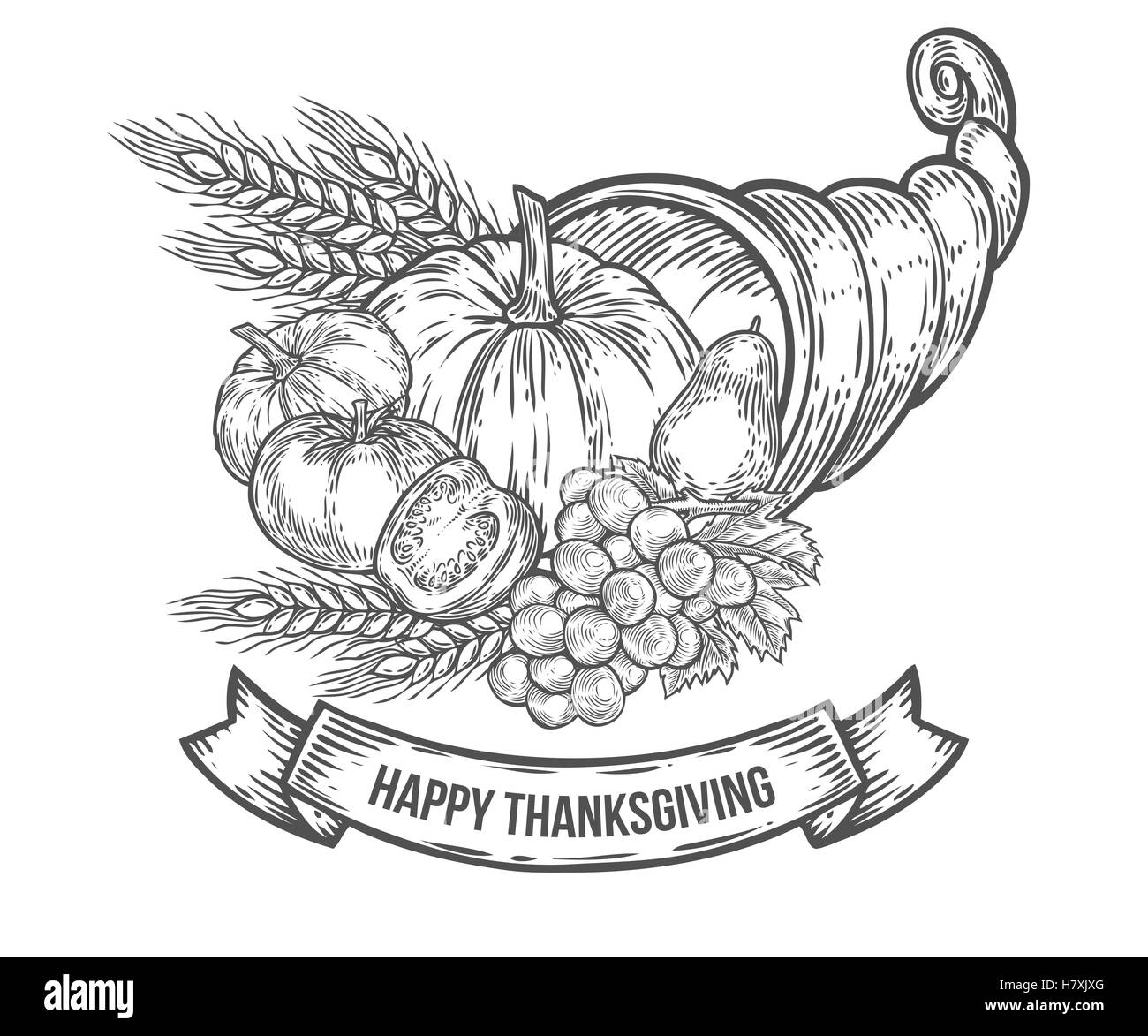 Erntedankfest im Herbst Füllhorn Festival Abzeichen. Monochrom Vintage Gravur frisches Bio-Gemüse, Getreide und Obst unterzeichnen isol Stock Vektor