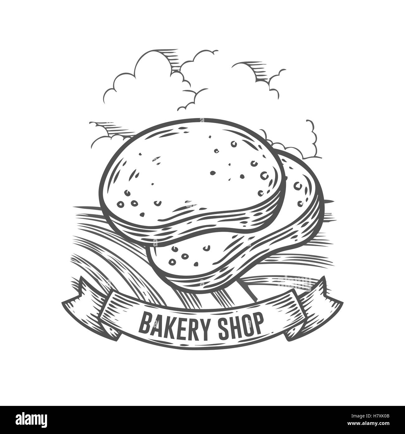 Bäckerei-Shop-Brot-Abzeichen. Monochrom Vintage gravierte Brötchen, glutenfreie Bio Zeichen isoliert auf weißem Hintergrund. Skizze handgezeichnete re Stock Vektor