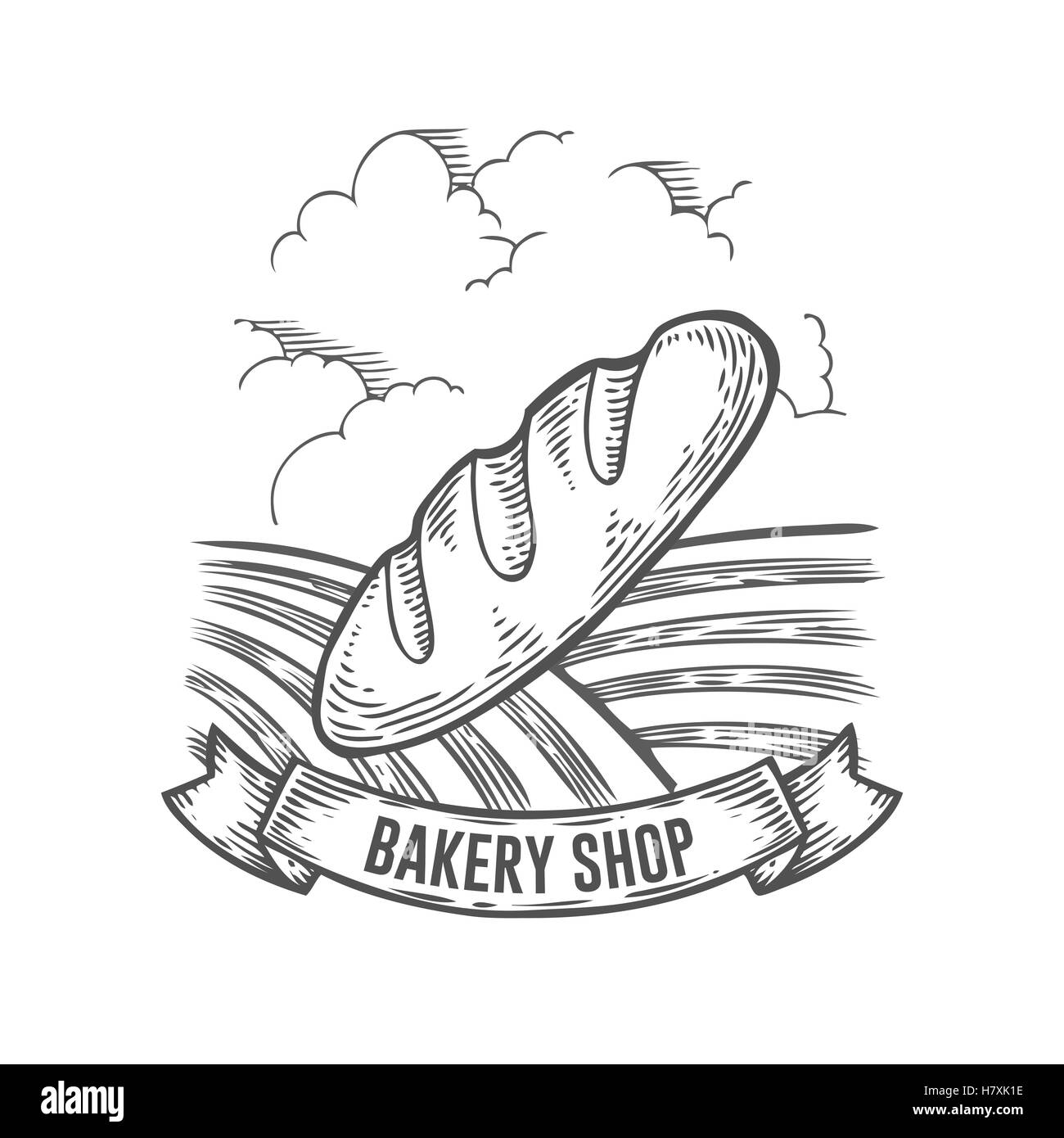 Bäckerei-Shop-Brot-Abzeichen. Monochrom Vintage gravierte Brötchen, glutenfreie Bio Zeichen isoliert auf weißem Hintergrund. Skizze handgezeichnete re Stock Vektor