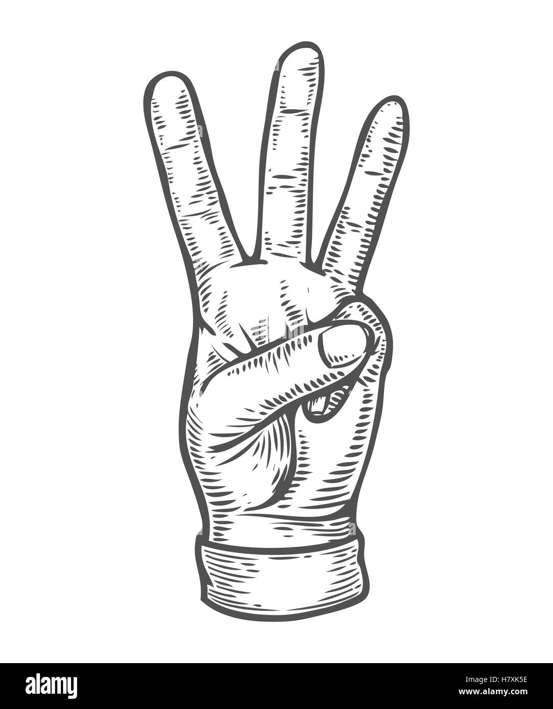 Handbewegung. Drei Finger Vorwärtszählen zeigen. Retro Vintage Skizze-Vektor-Illustration. Gravur-Stil. schwarz, isoliert auf wh Stock Vektor