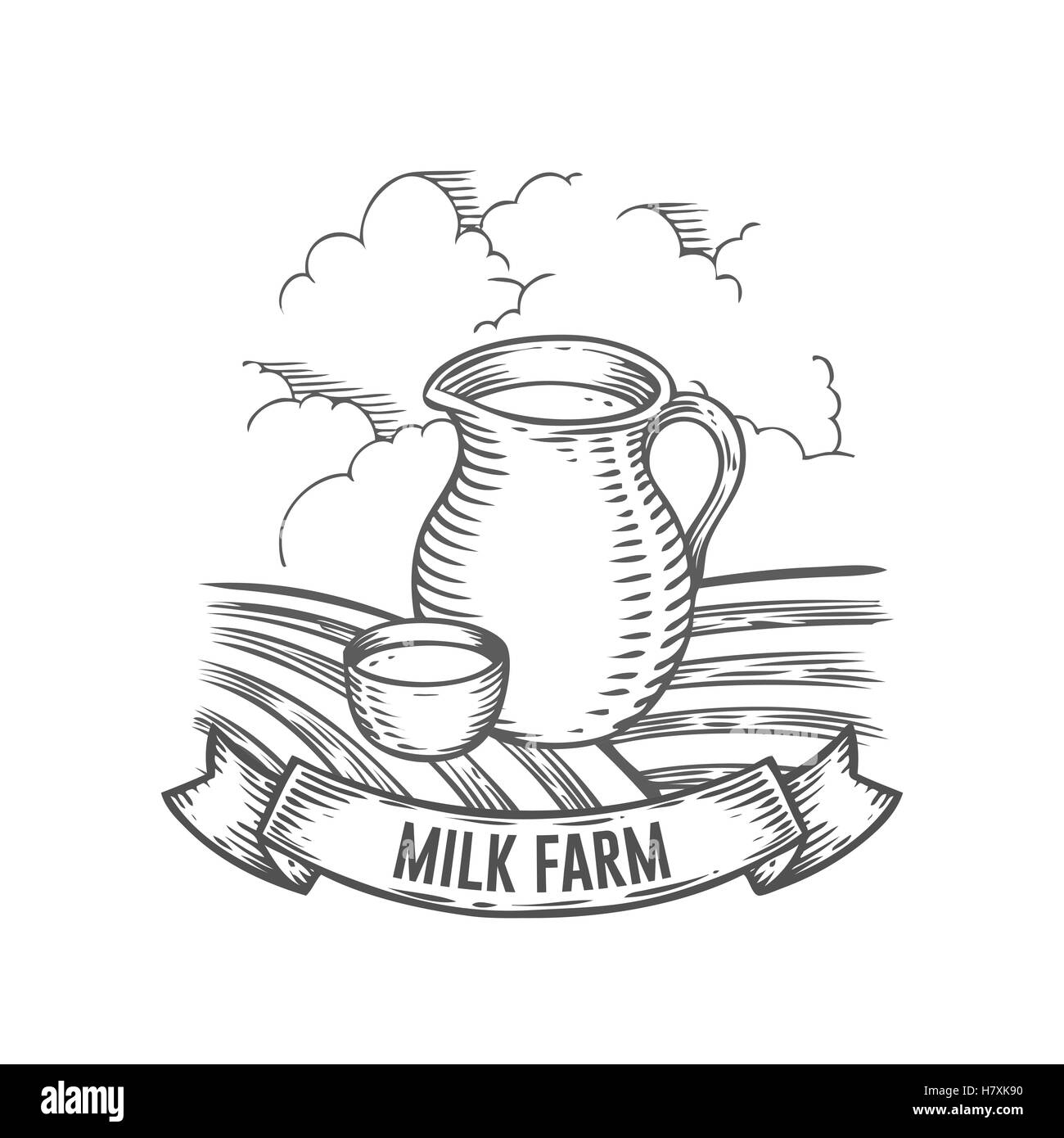 Bauernmarkt Milch-Bauernhof-Abzeichen. Monochrom Vintage gravierte Milchtopf, kann frische Bio Zeichen isoliert auf weißem Hintergrund Kanne. Stock Vektor