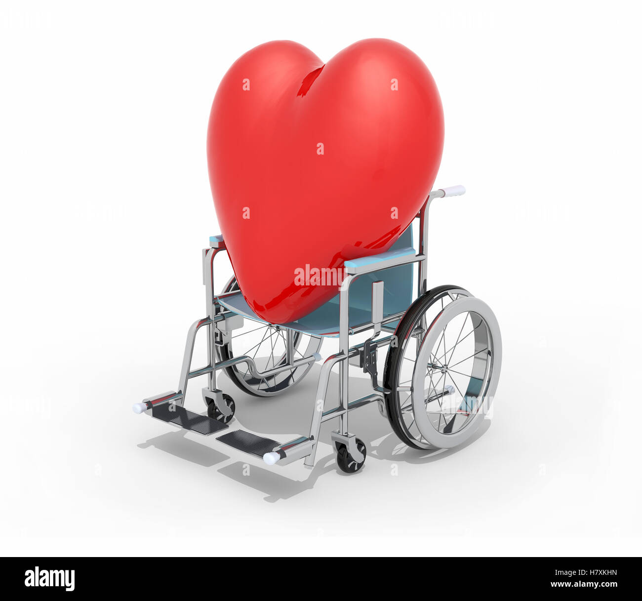 großes rotes Herz auf einem Rollstuhl isoliert 3D-Illustration Stockfoto