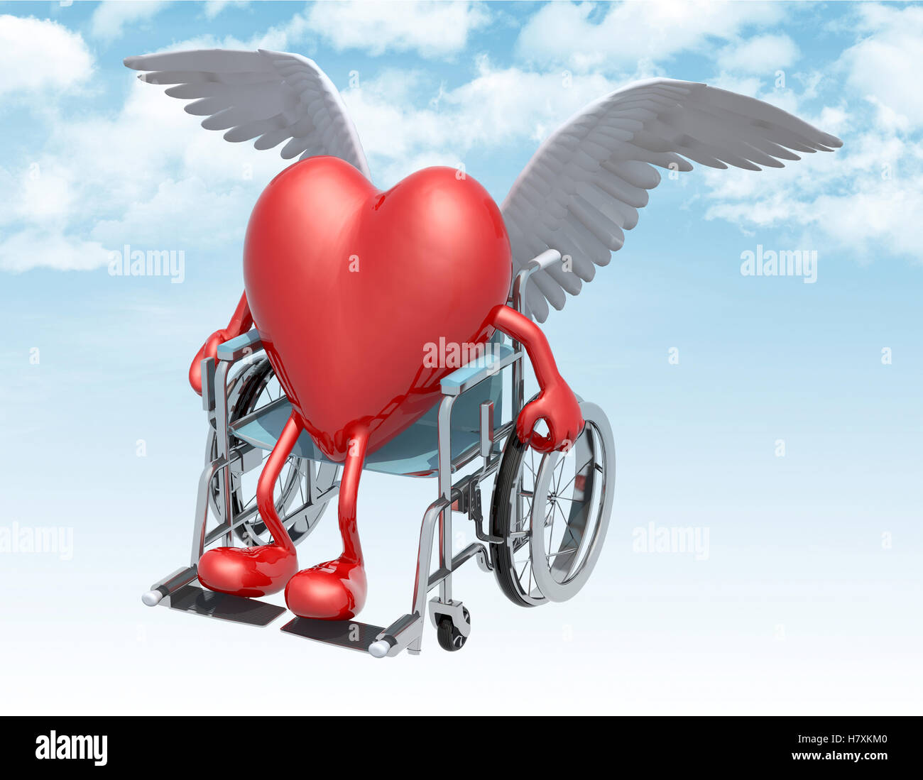 großen roten Herz auf einen Rollstuhl mit Flügel, die fliegen am Himmel, 3d illustration Stockfoto